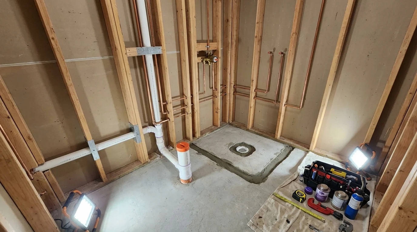 Bathroom rough-in plumbing during remodel by Johns Plumbing LLC in Cass City