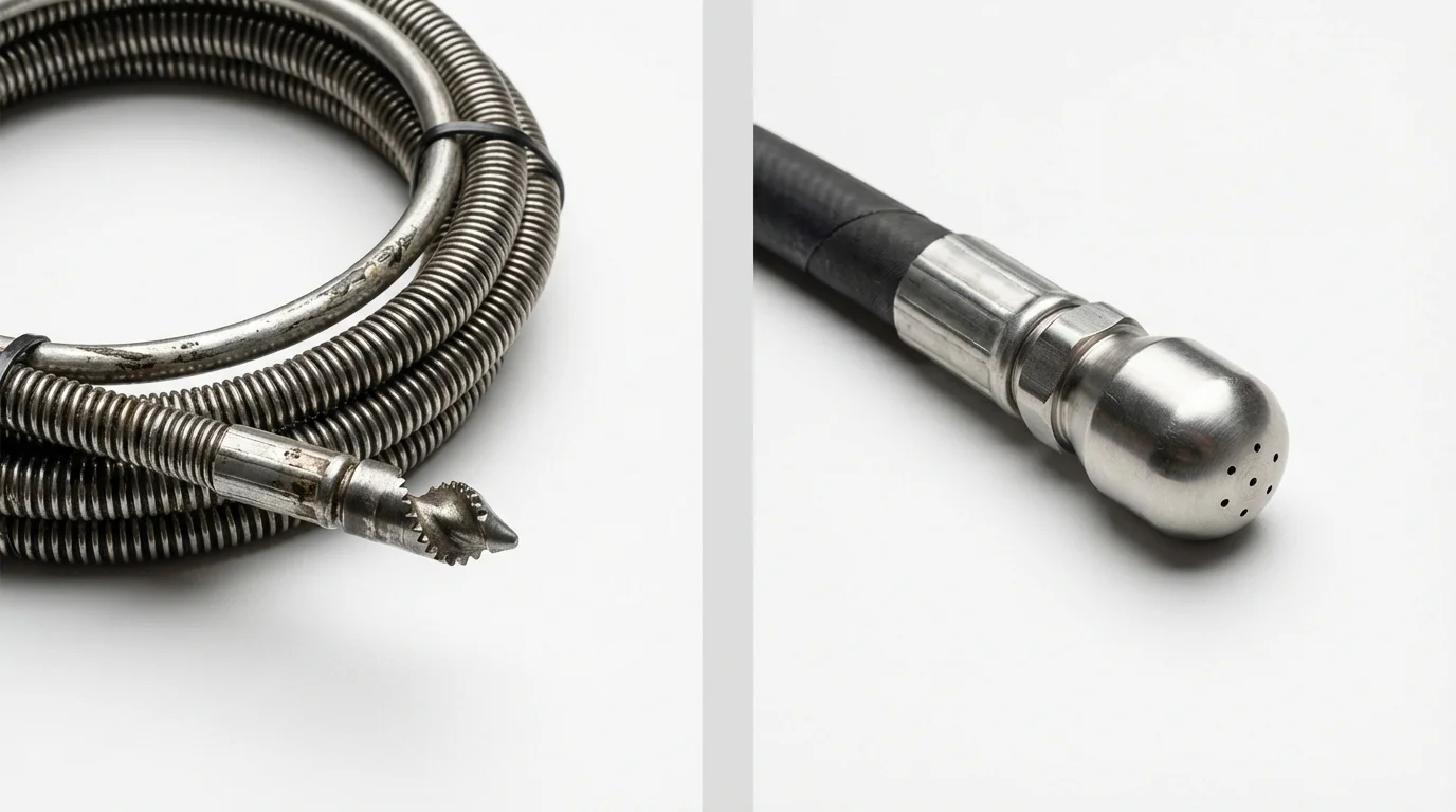 Drain snake cable and hydro jetting nozzle used for drain cleaning in Cass City, MI