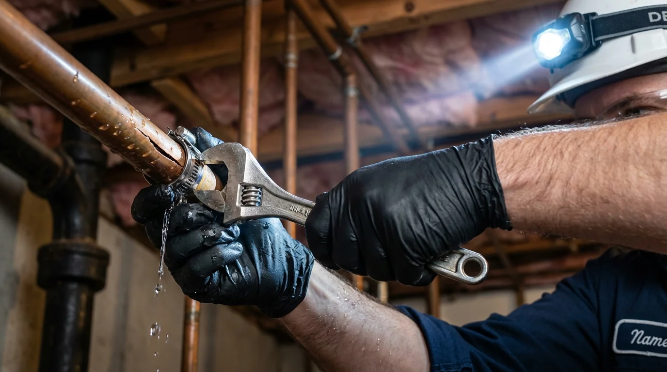 Emergency pipe clamp repair being performed by a Johns Plumbing LLC plumber in Cass City