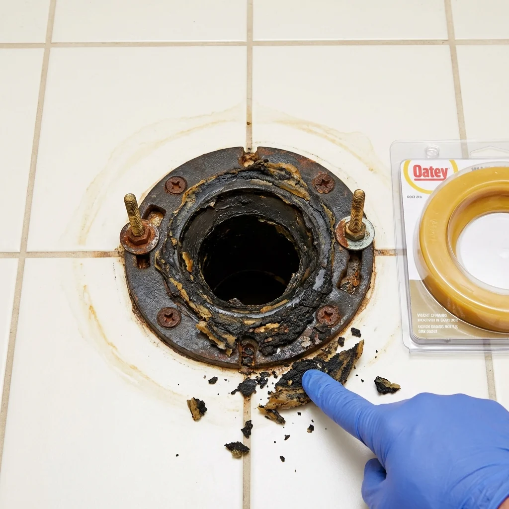 Failed wax ring showing water seepage at the base of a toilet in a Cass City, MI home